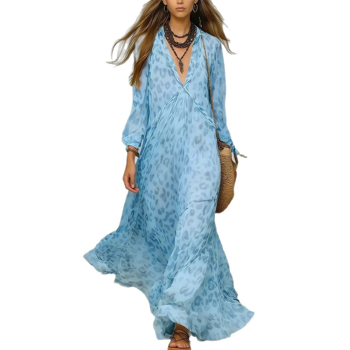 Women's Leopard Print Chiffon Long Sleeve Deep Dress