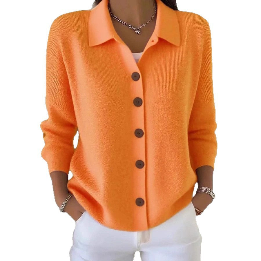Women's Button Knitted Lapel Solid Color Casual Fashion Sweater