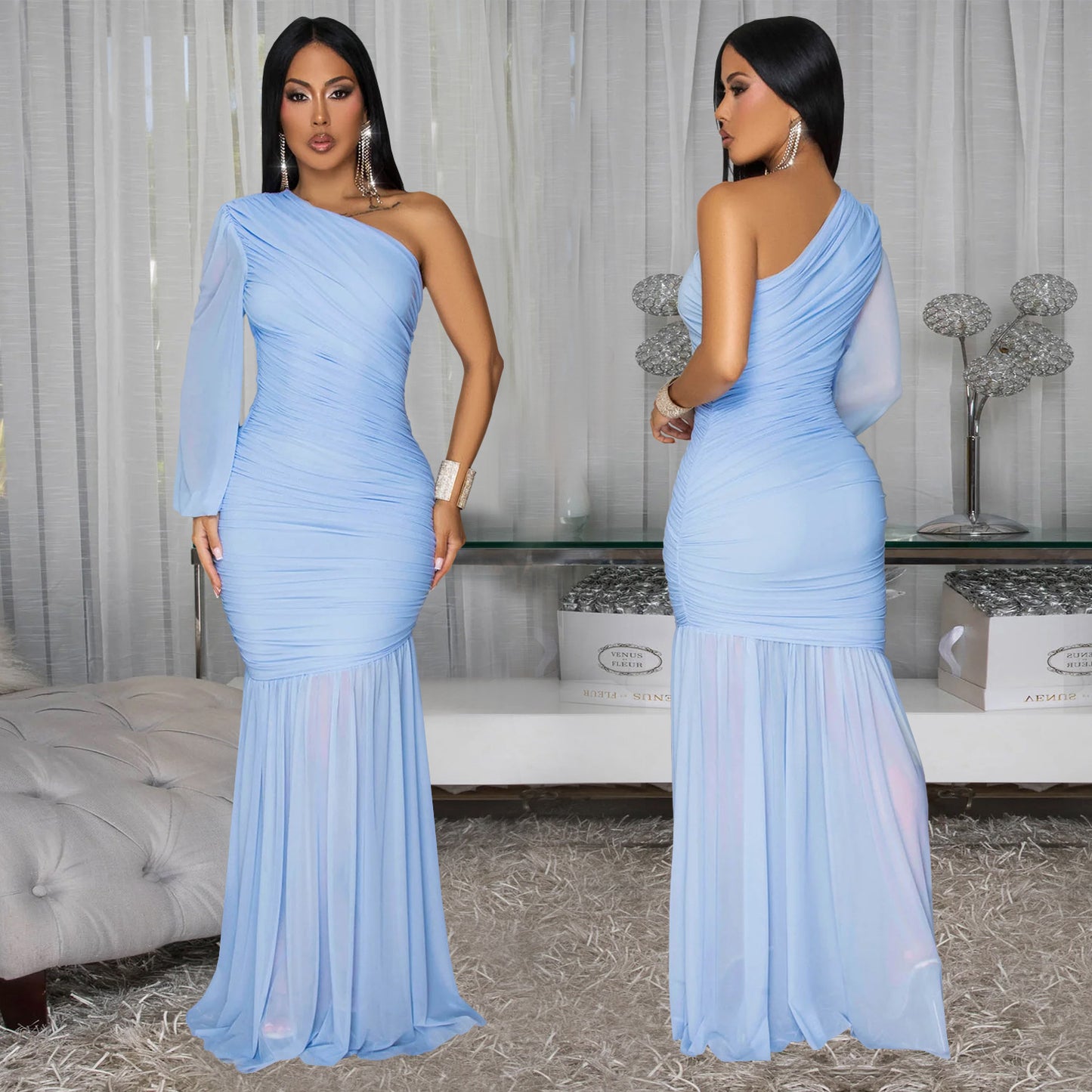 Women's Wear Sexy Oblique Shoulder Mesh High-grade Dresses