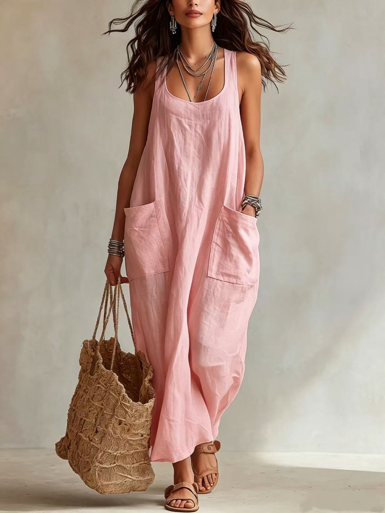 Women's Summer Elegant Casual With Big Pockets Strap Dress