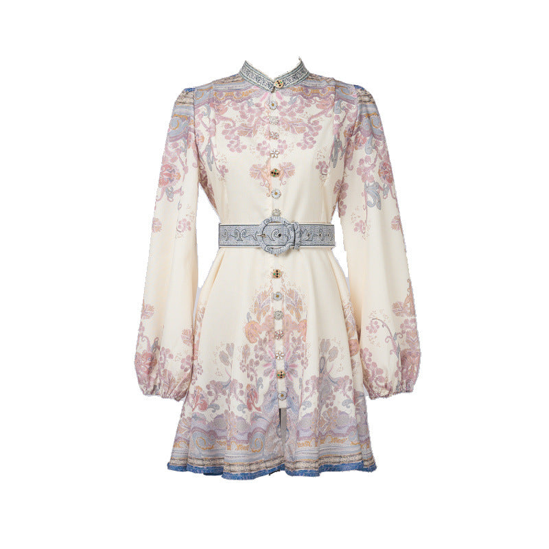 Design High Version Single-breasted Stand-up Collar Puff Sleeve Dresses