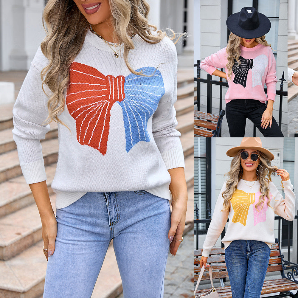Classic Women's Spring Bow Color Matching Women's Sweater