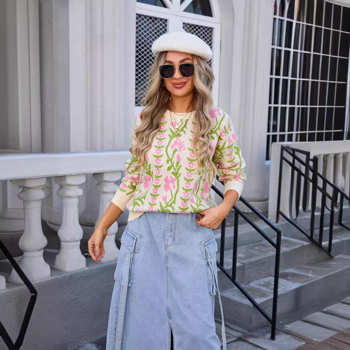 Women's Spring Jacquard Branch Round Neck Flower Knitted Sweaters