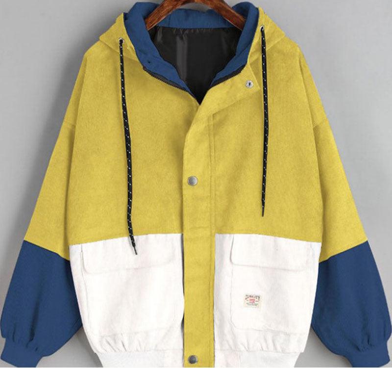 College Style Loose Color Matching Hooded Coats