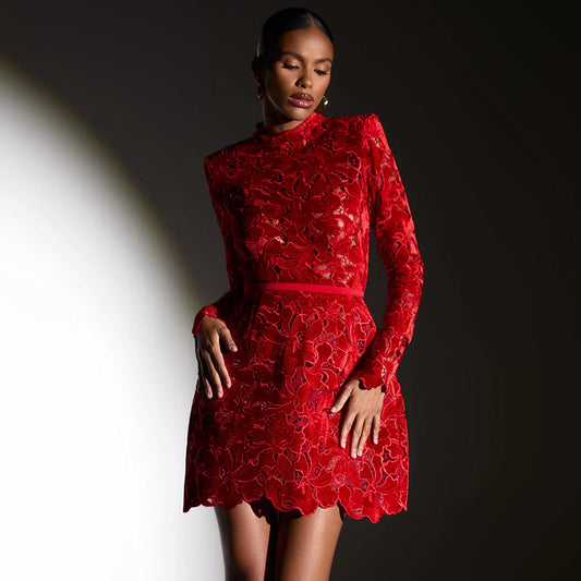 Women's Sleeve Zipper Lace Dress Red Christmas Dresses
