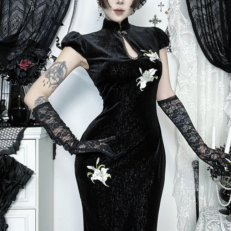 Chinese Style Sier Silk Veet Cheongsam Autumn Dark Sexy Dresses