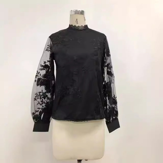 Women's Lace Puff Sleeve Transparent Round Neck Solid Blouses
