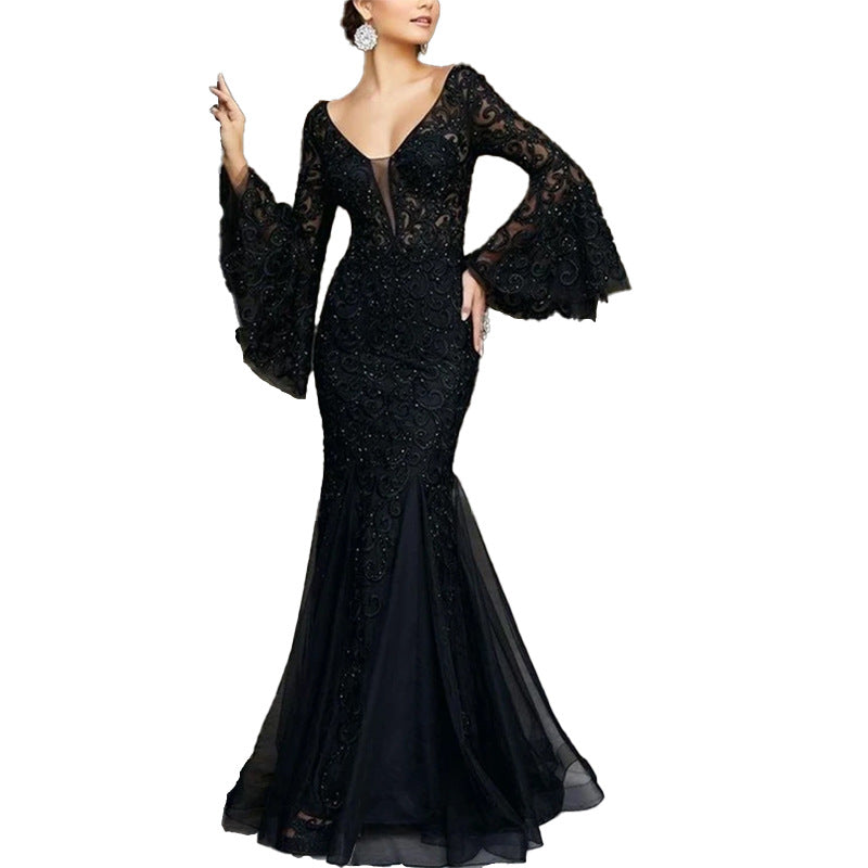 Lace Elegant Sexy Slim Fishtail Long Banquet Female Black Dress