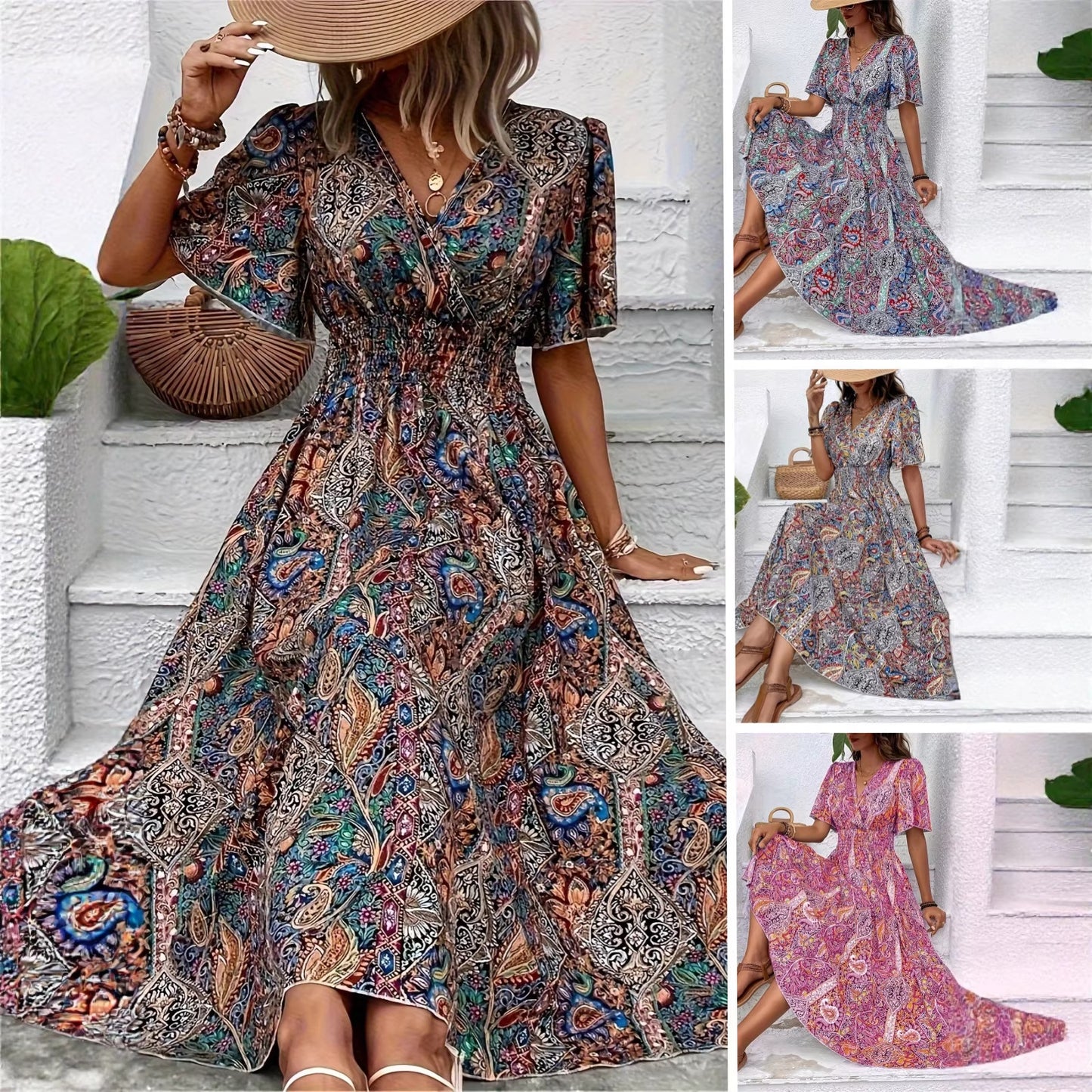 Women's Graceful Fashionable High Waist Bohemian Holiday Ethnic Dress