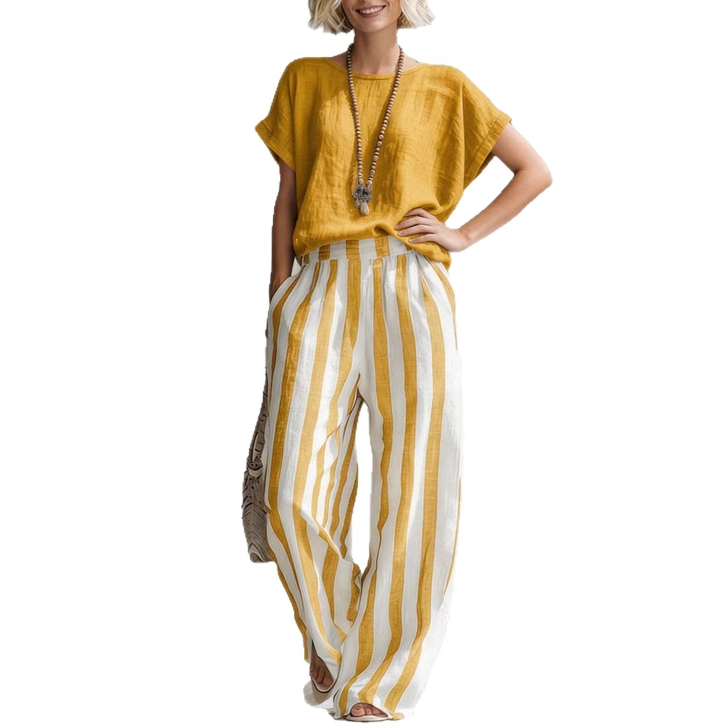 Women's Round Neck Straight Striped Trousers Fashion Casual Suit