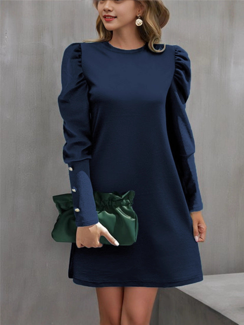 Women's Solid Color Round Neck Slim Bubble Dress