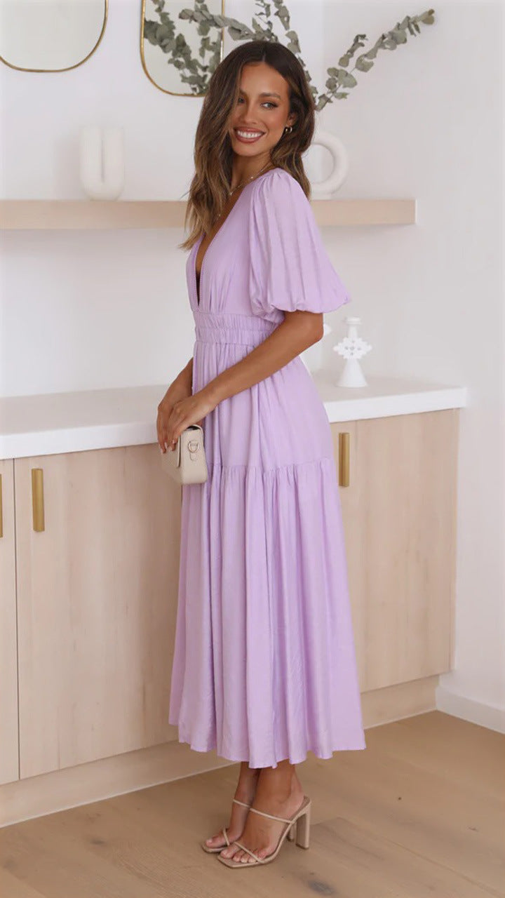 Women's Fashion Wear Summer High-grade Deep V Puff Sleeve Dress