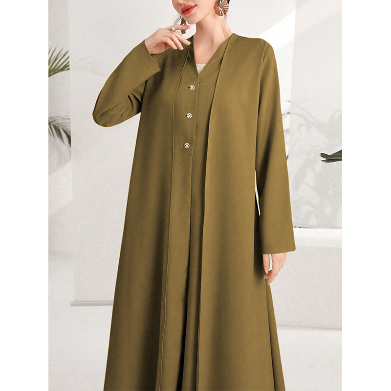 Women's Pocket Pure Color Long Temperament Sleeve Dress