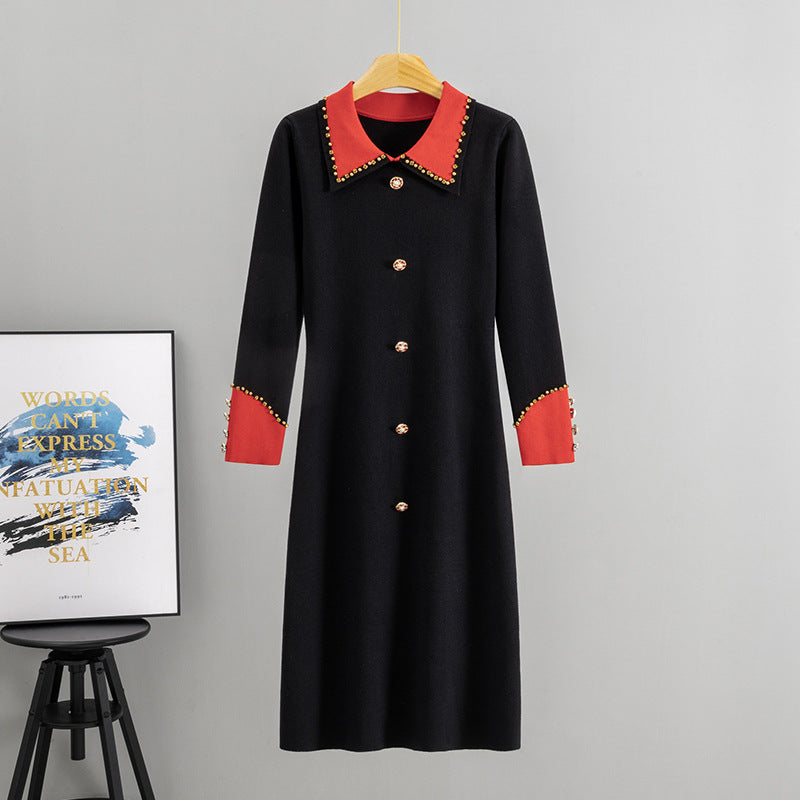Women's Style Black With Diamond Hepburn Waist Slimming For Long Sleeve Dress