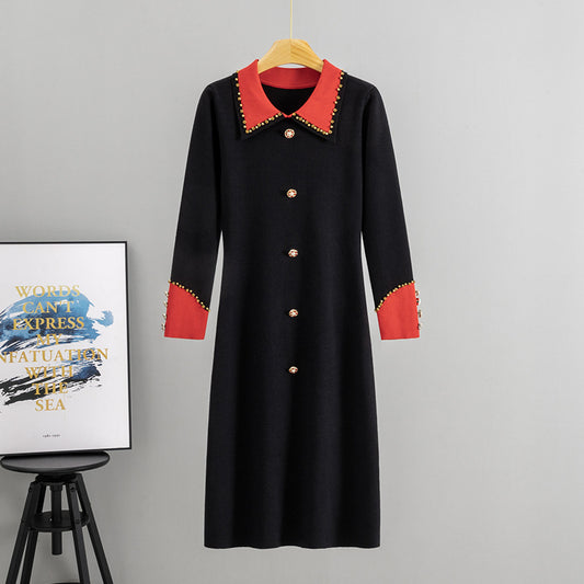 Women's Style Black With Diamond Hepburn Waist Slimming For Long Sleeve Dress
