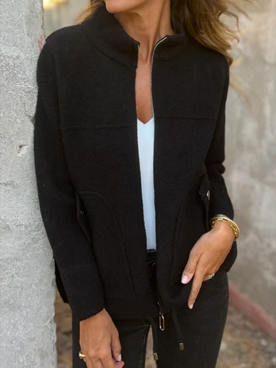 Women's Casual Zipper Woolen Tether Pocket Solid Coats