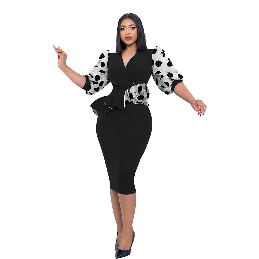Women's Patchwork Temperament Mesh Puff Sleeve Pencil Dress