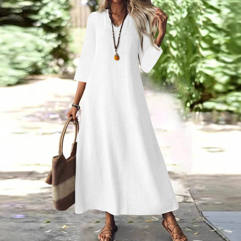 Zipper Sleeve Cotton Linen Solid Color Dress