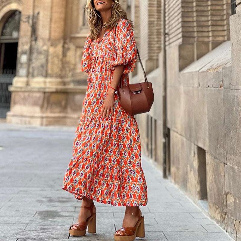 Women's Fashion Bohemian Lantern Sleeve Temperament Printed Dress