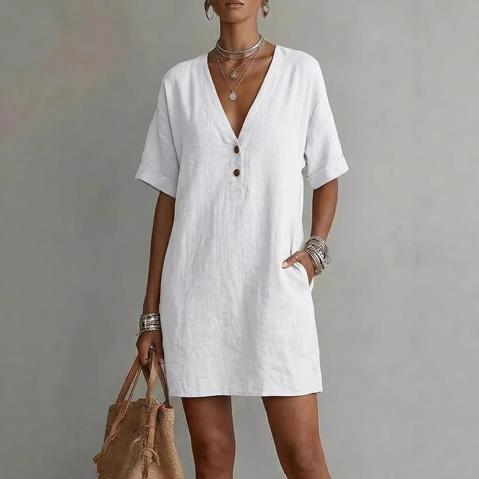 Summer Casual Comfortable Button Cotton Linen Dress