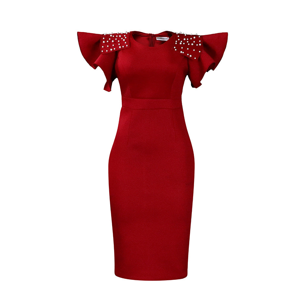 Women's Round Neck Ruffle Sleeve Slit Beaded Plus Size