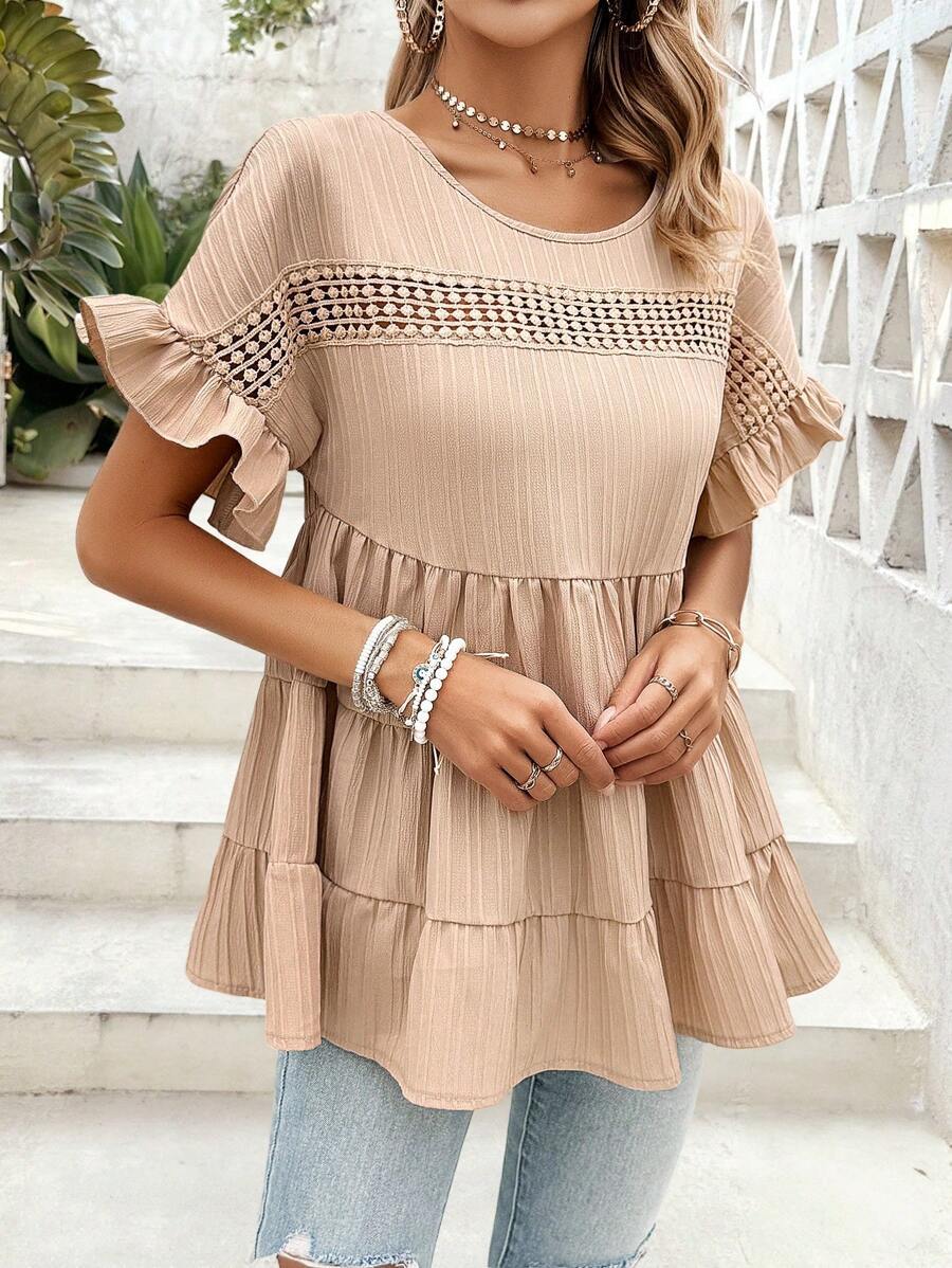 Women's Summer Shirt Round Neck Lace Stitching Blouses