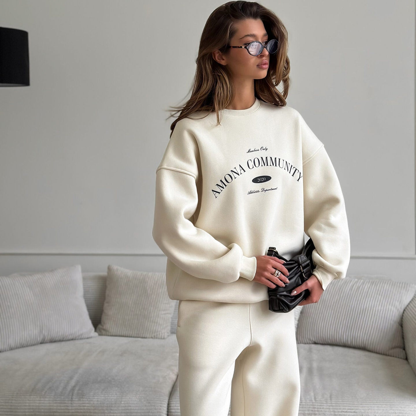 Women's American Retro Street Letters Printed Loose Round Suits