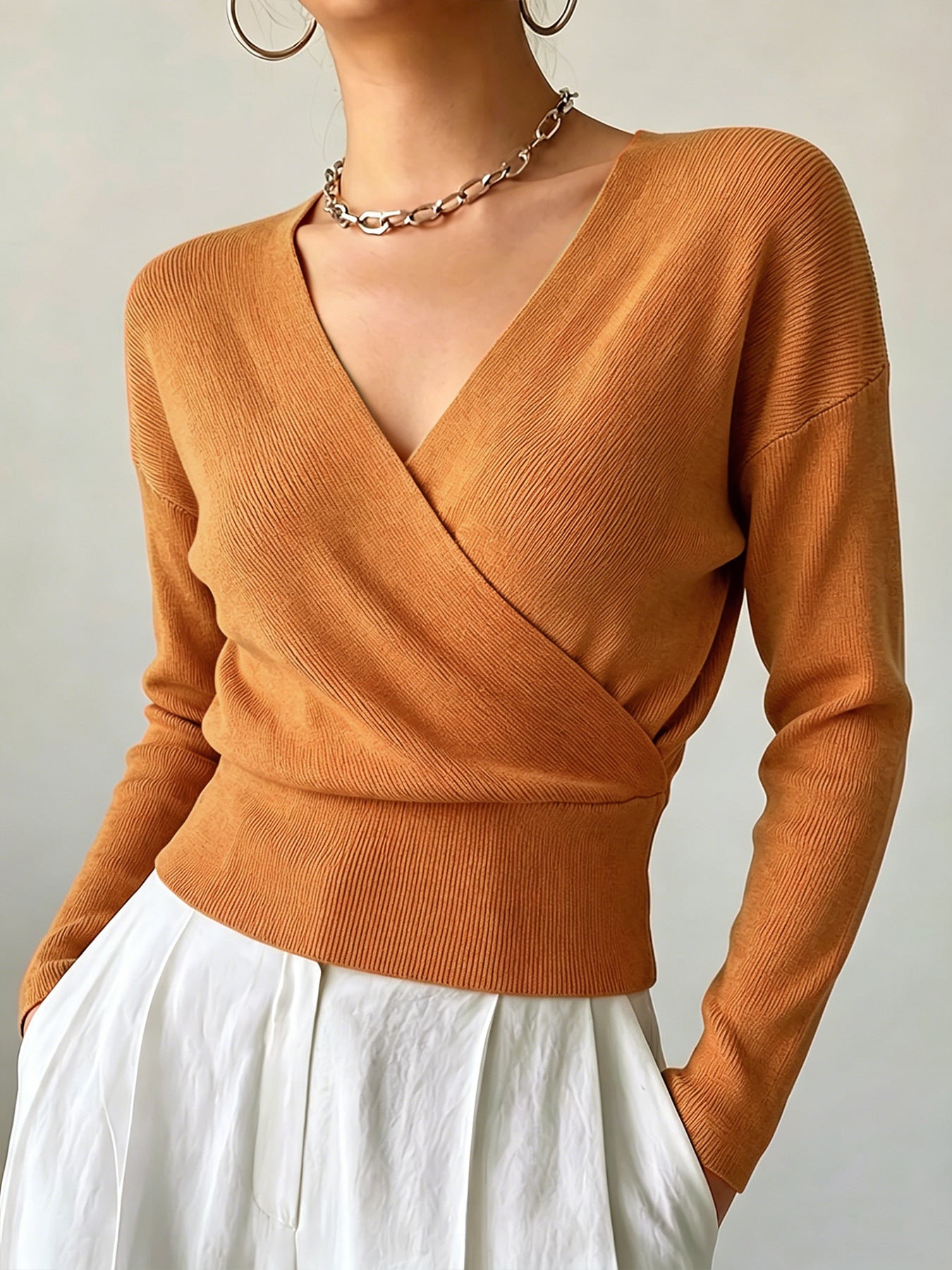Women's Solid Color Fashion Cross Collar Tight Waist Design Show Figure Sweaters