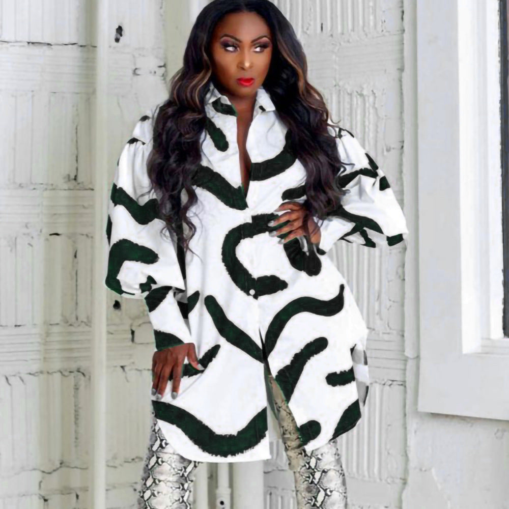 Loose Temperament Commuter Printing Lapel Shirt Dress