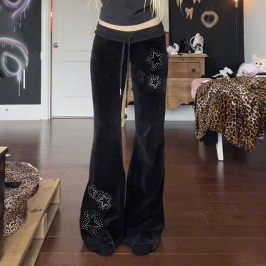 American Street Style Hot Rhinestone Rowan Waist Veet Casual Pants