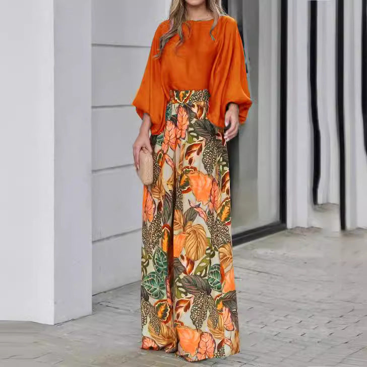 Women's Lantern Sleeve Loose Printed Wide Leg Two-piece Pants