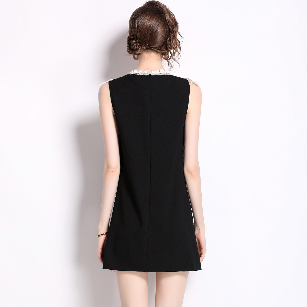Collar Water Soluble Lace Rhinestone Sleeveless Color-matching Dresses