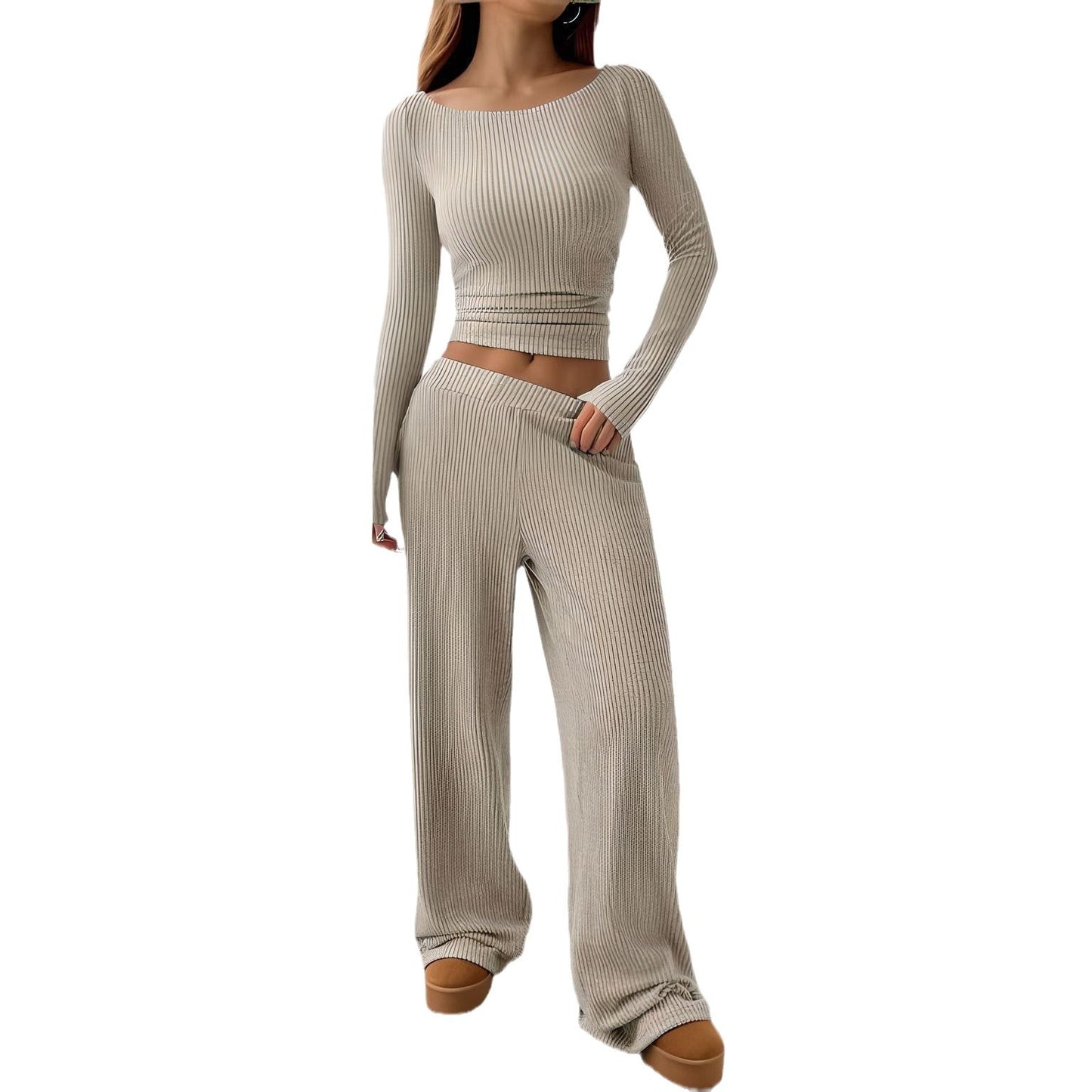 Autumn Striped Long Sleeve Boat Neck Elastic Suits