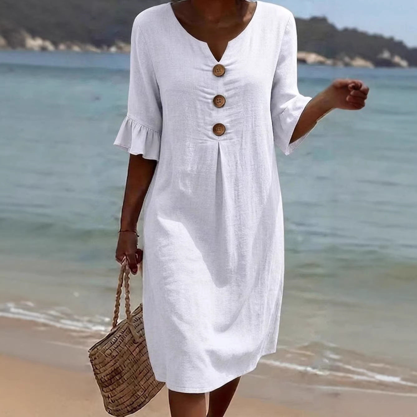 Women's Cotton Linen Buttons Ruffle Sleeve Dress