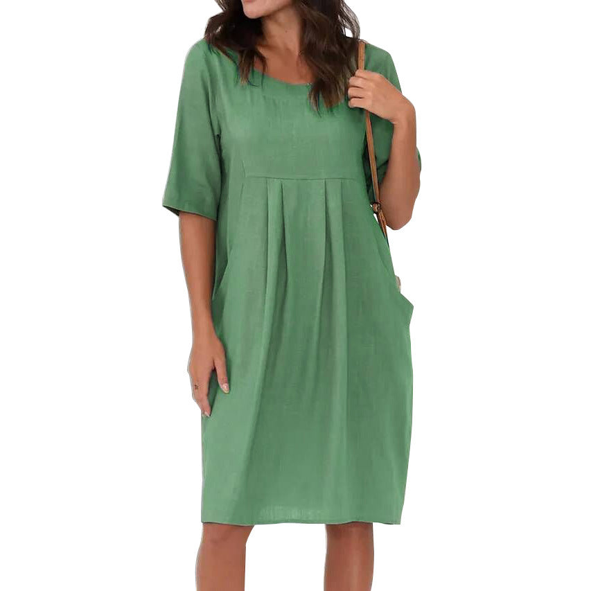 Women's Summer Cotton Linen Pleated Pocket Casual Loose Round Neck Dress
