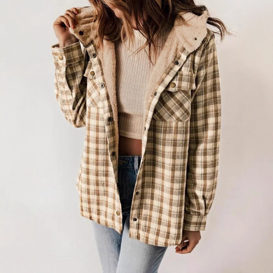 Women's Plaid Long Sleeve Furry Hooded With Coats