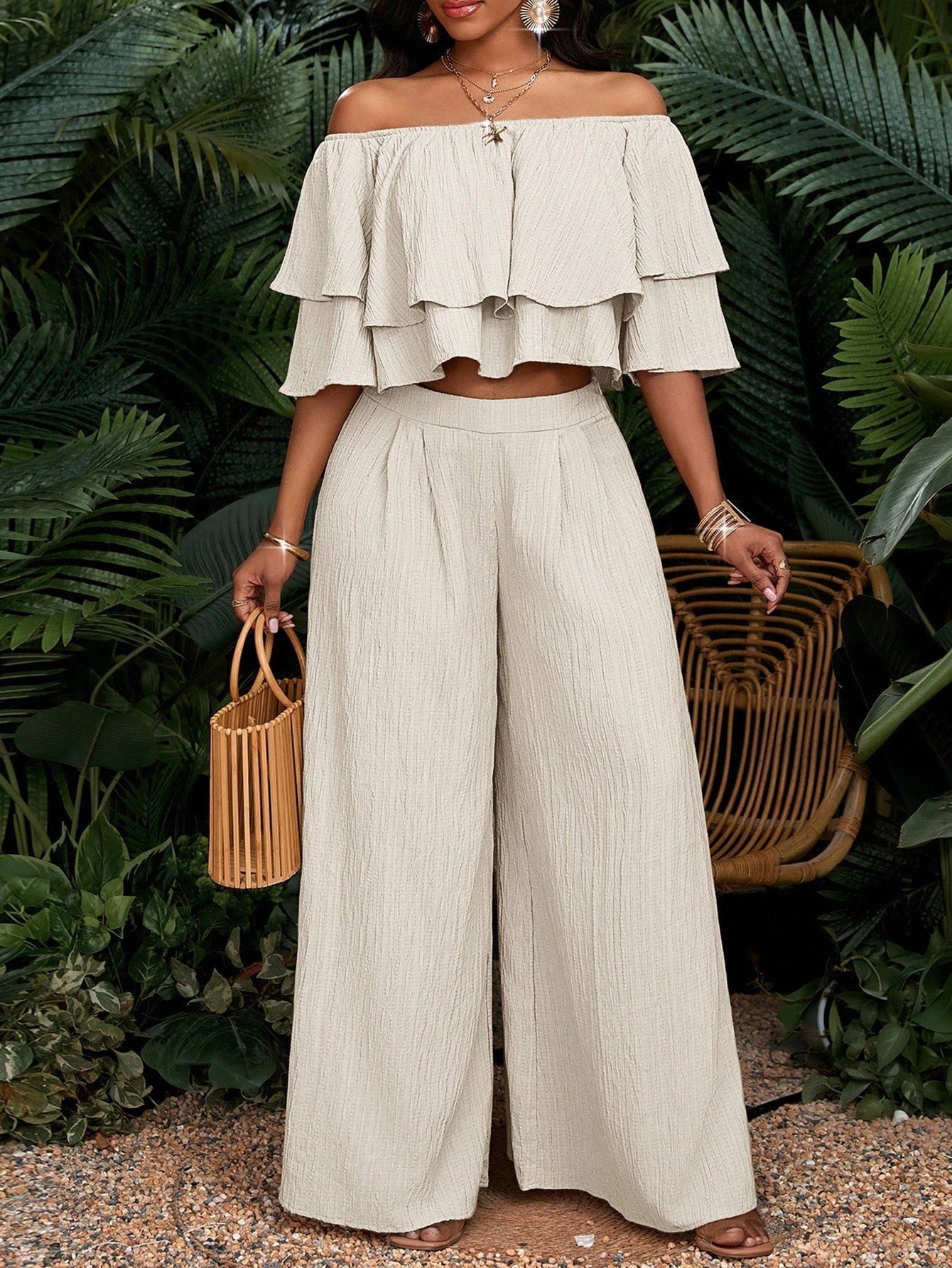 Ruffled High Waist Wide Leg Two-piece Fashion Casual Suit