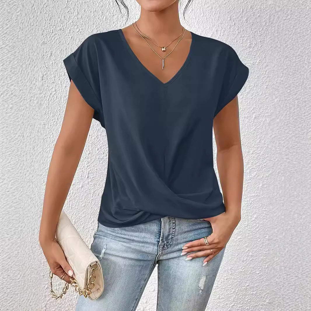 Women's Summer Solid Color Short-sleeved T-shirt Elegant Blouses