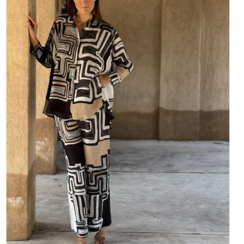 Women's Fashion Cotton Linen Printed Long Sleeve Suits