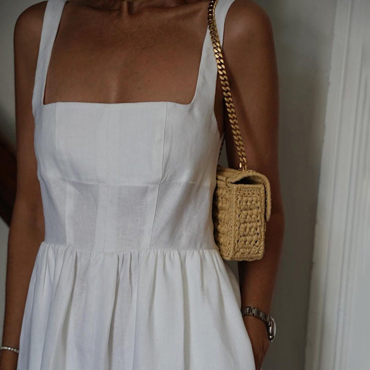 Women's White Suspender Dress Casual Fold Split Dresses