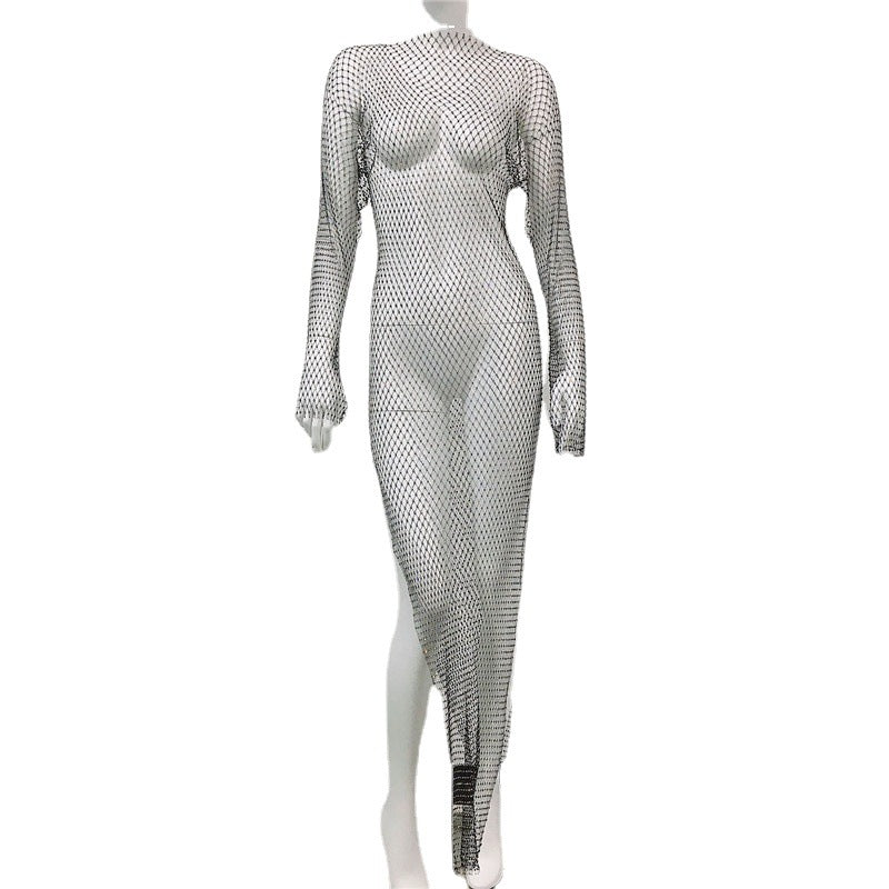 Women's Summer Fashion Diamond Round Neck Long Sleeve Fishnet Dresses