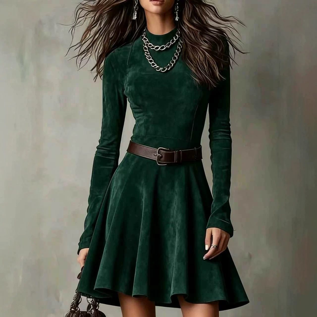 Women's Suede Long-sleeved Retro High Collar Slim Fit Skirts