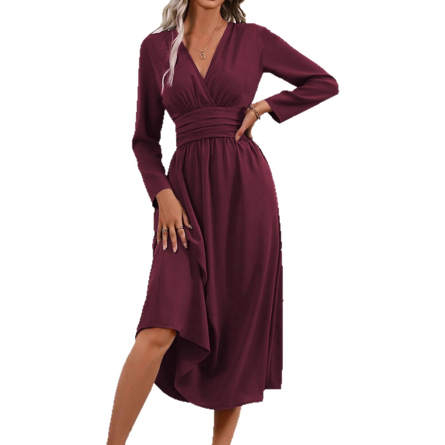 Women's Color Overlapping Long Sleeve Waist Pleated Dress
