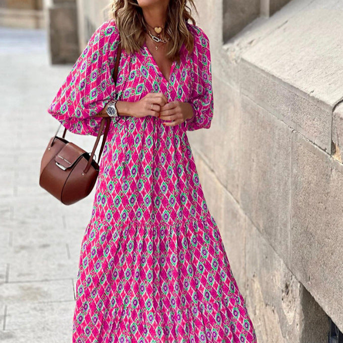 Women's Autumn Geometric Print Puff Sleeve Dress Dresses