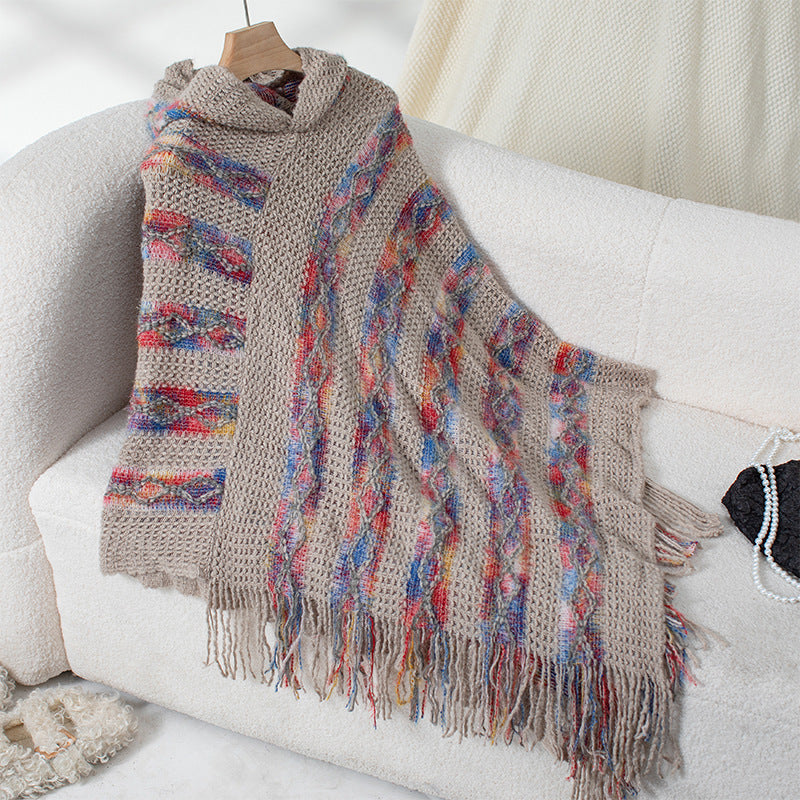 Women's Colorful Striped Hooded Knitted Tassel Cape Shawl Sweaters