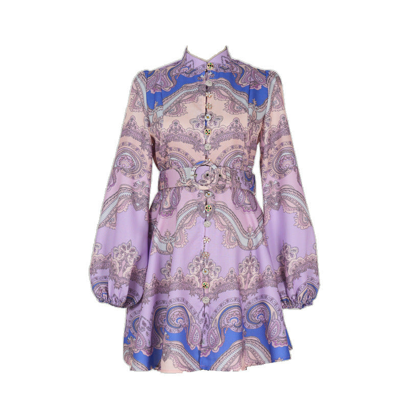 Design High Version Single-breasted Stand-up Collar Puff Sleeve Dresses