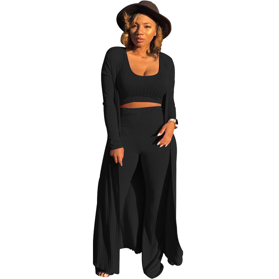 Women's High Elastic Sunken Stripe Three-piece Tight Suits