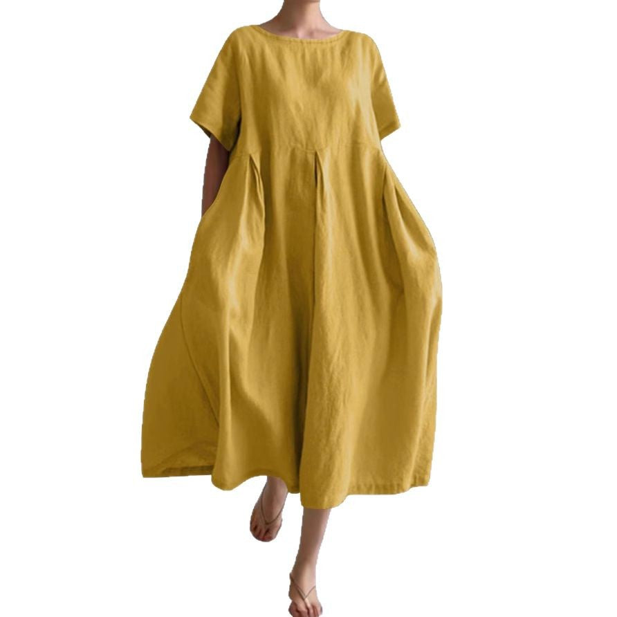 Women's Cotton Linen Loose Round Neck Fashion Dress