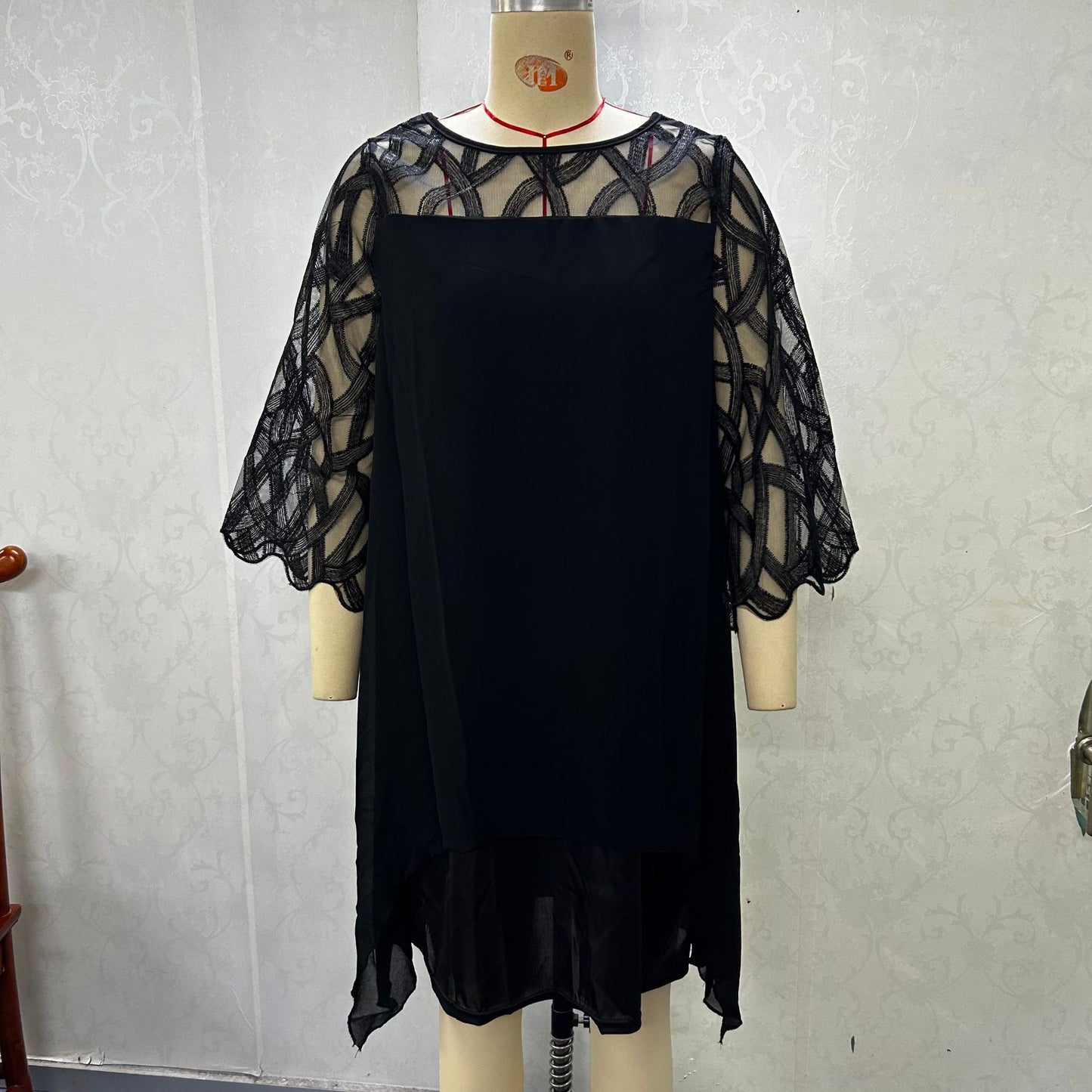 Lace Stitching Sleeve Irregular Hem Chiffon Dress