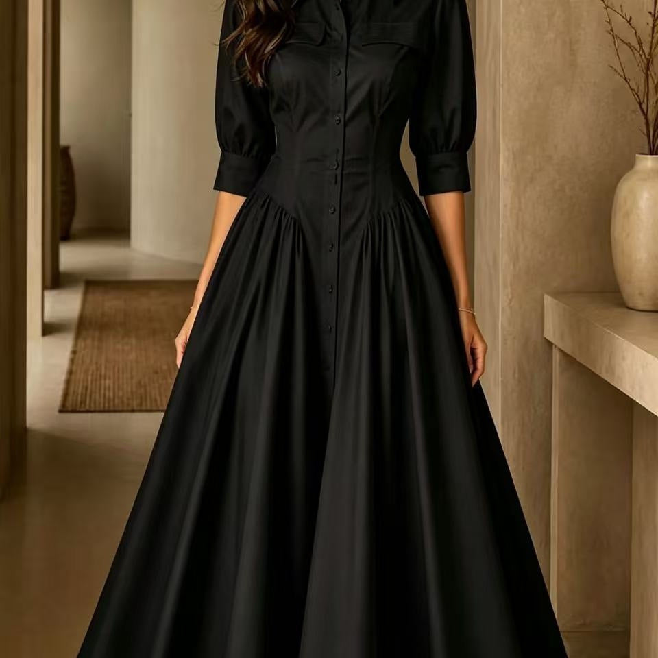 Linen Blended Breasted High Waist Pure Color Dress